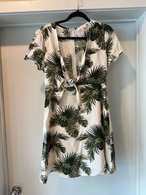 re:named White Mini Dress with Green Palm Print